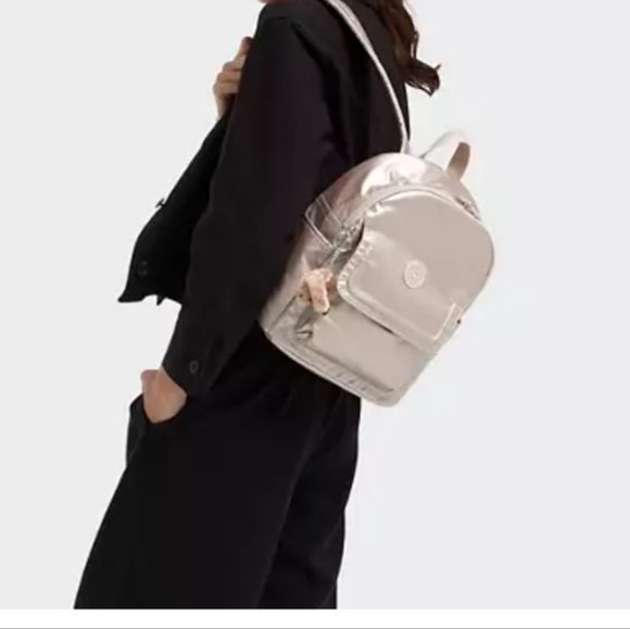 KIPLING BACKPACK METALLIC GOLD ROSE Matta Up Bag Medium NEW - Picture 5 of 15